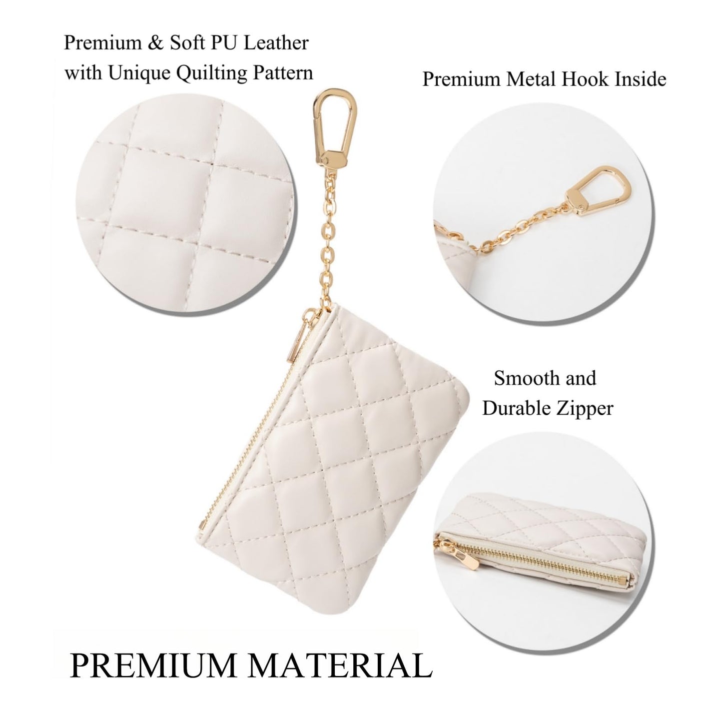 LARENNT Quilted Leather Coin Purse with Keychain - Small Coin Pouch Key Pouch Small Card Holder Keychain Wallet Change Purse for Women and Men (Creamy-white)