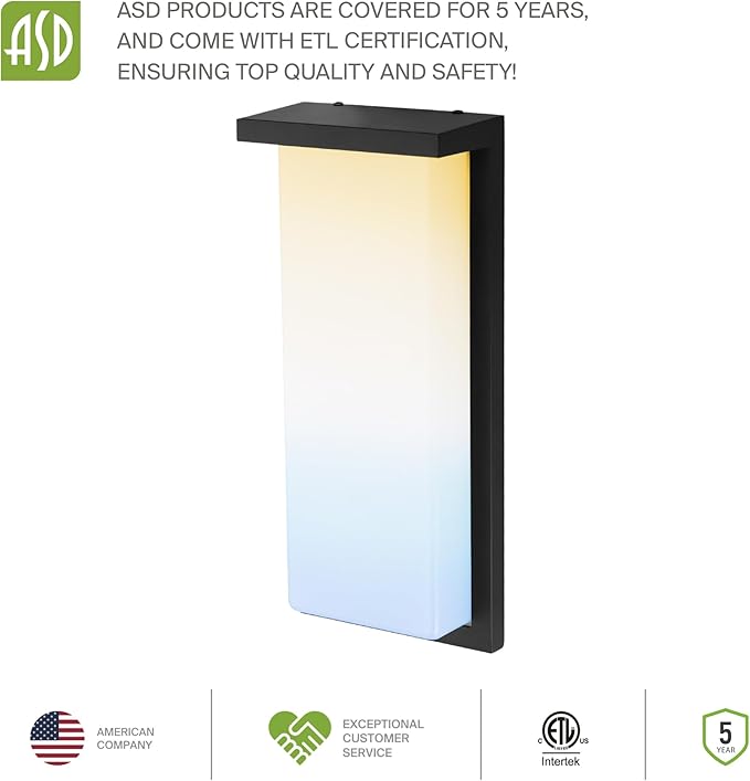 ASD LED 14" Outdoor Wall Light, Front Door House Sconce | 3CCT, Dimmable, Waterproof, ETL Listed | 20W 1900LM 3000-5000K 120V | Exterior Patio Lighting Fixture, Flush Mount Porch Lamp | Black