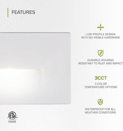 ASD LED Recessed Step Light Fixture, Outdoor & Indoor Stair Tread Lighting | 3CCT, Dimmable, Waterproof, ETL Listed | 3W 120LM 3000K-5000K 120V | Staircase Hardwired Illumination | White, 4 Pack