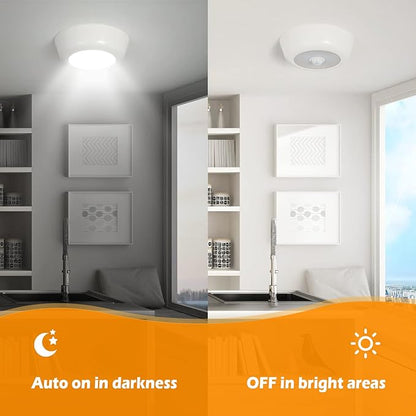 DLLT Battery Powered Motion Sensor Light, Battery Operated LED Ceiling Light with 900LM, Wireless Flush Mount Round Sensor Lighting for Closet Stair Hallway Shower Shed Garage Pantry, (5000K, 3-Pack)
