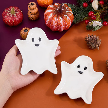 SUPERFINDINGS 2PCS Ceramic Spoon Rest Cooking 5.12"x4.45" Spoon Holder Halloween Ghost Jewelry Dish Tray Small Decorative Trinket Dish for Kitchen Bedrooms Living Rooms Small Items Storage