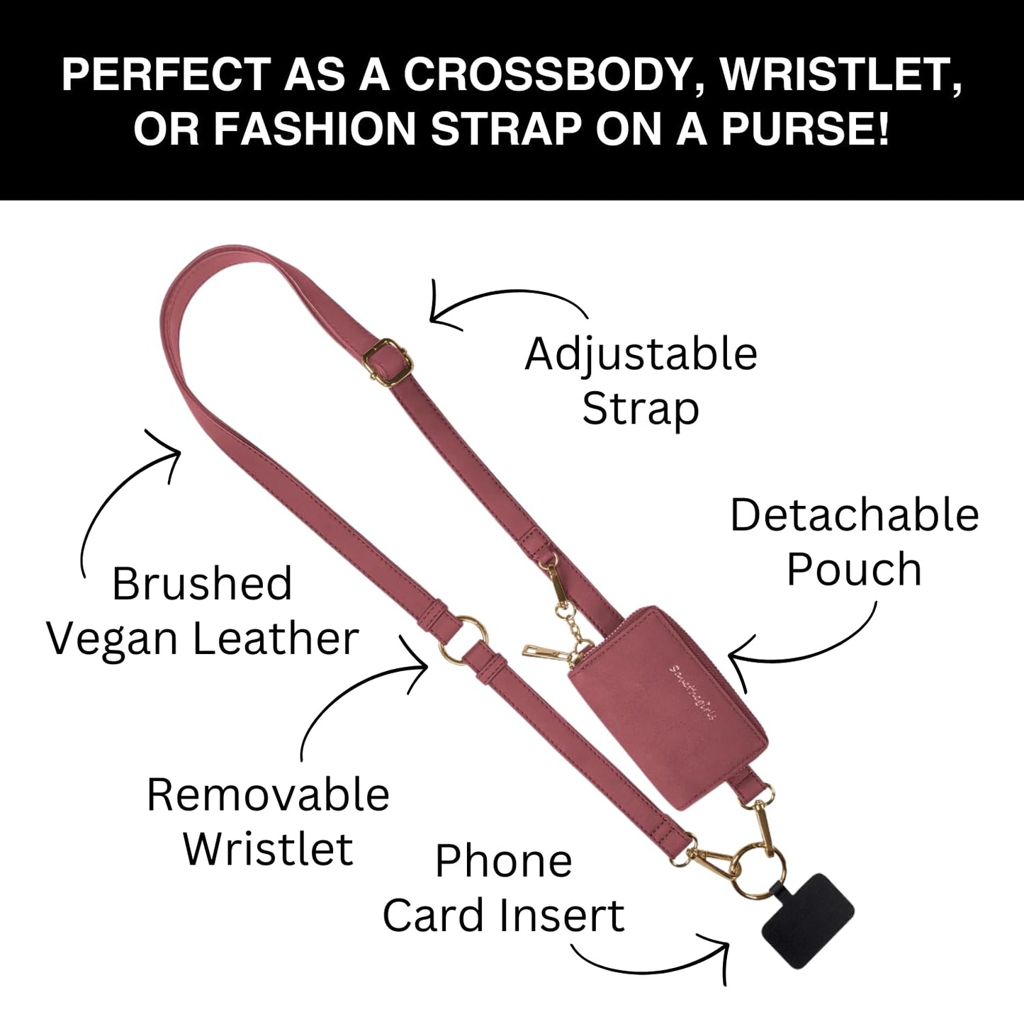 Save the Girls Clip & Go Strap - Cell Phone Strap with Brushed Vegan Leather Pouch - Women’s Crossbody Shoulder Strap-On Purse and Removable Wristlet (Deep Cream Rose)