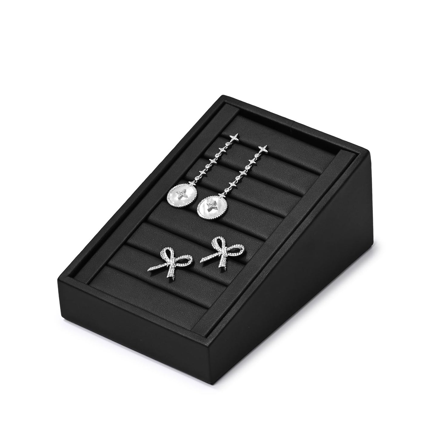 Woodten PU Leather Jewelry Ring Tray Display Stand Slotted Ring Showcase Display Organizer Holder for Trade Show(Black)