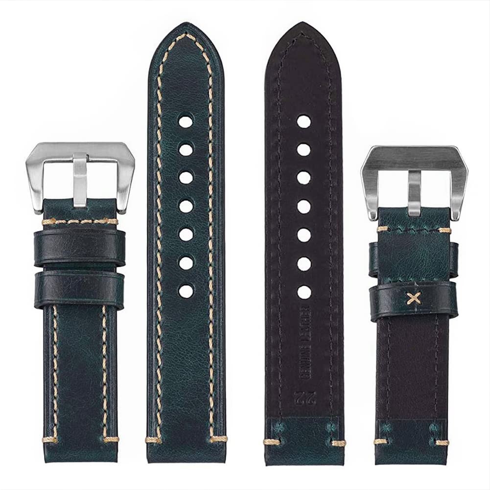 EACHE 26mm Leather Watch Bands Thick Imported Oil Waxed Leather Watch Straps Blue With Silver Buckle