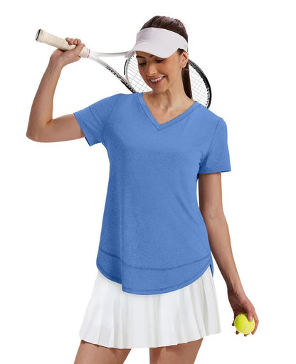 Short Sleeve Shirts for Women Workout Yoga Tops Sun Protection Clothing Summer Outfits Rash Guard Side Slit V Neck Blue XL