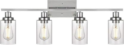 MELUCEE 4-Light Bathroom Lighting Fixtures with Clear Glass Shade Chrome Finish, Modern Vanity Light Wall Mount Lamp for Bedroom Dressing Table Mirror Cabinets Vanity Table (Patent No.: US D963914 S)