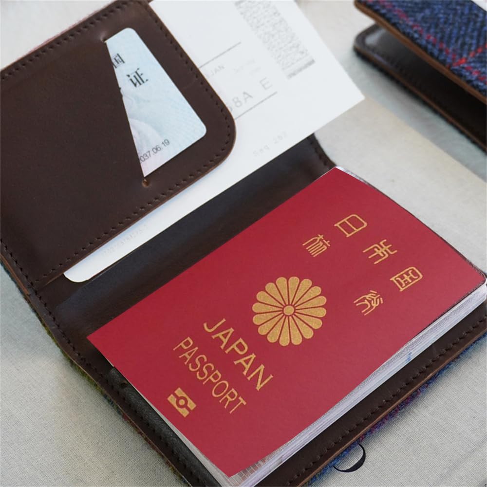 Harris Tweed Leather Passport Holder for Travel, Slim & Lightweight Passport Cover with Vaccine Card Slot, RFID Blocking, Ideal for Women and Men (No.912)