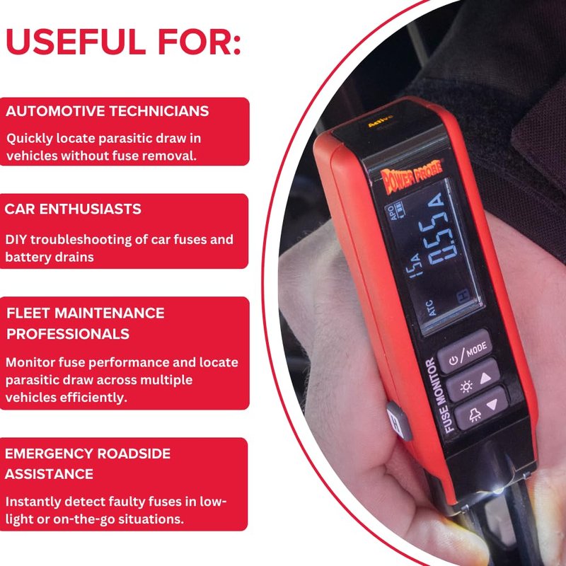 Power Probe PPFUSE Fuse Monitor - Circuit Tester for Mini, Maxi & ATC Fuses – Live Current Readings Up to 80A – Replaceable Tips, and Built-in Flashlight