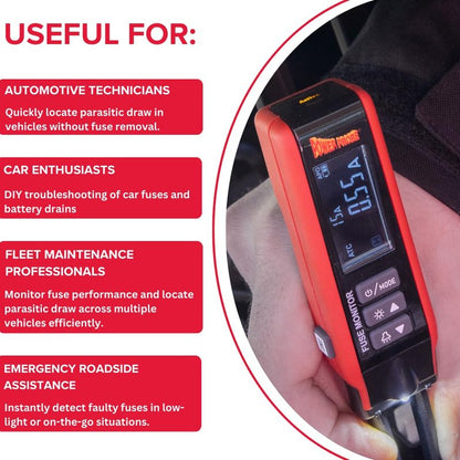 Power Probe PPFUSE Fuse Monitor - Circuit Tester for Mini, Maxi & ATC Fuses – Live Current Readings Up to 80A – Replaceable Tips, and Built-in Flashlight