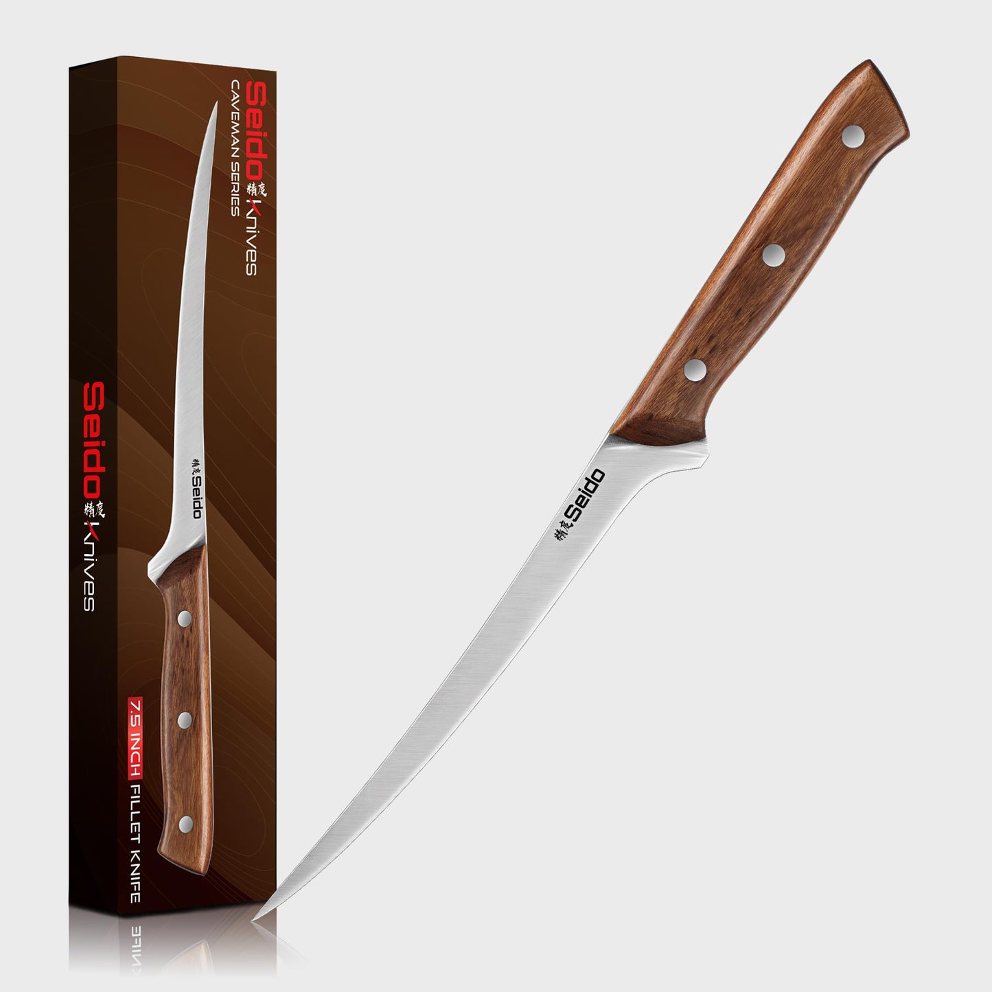 Seido Knives Caveman 7.5" Fillet Knife – Flexible Stainless Steel Blade with Rosewood Handle & Leather Sheath