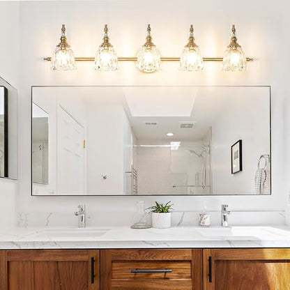 5 Lights Brass Gold Bathroom Light Fixtures, Antique Vanity Light with Flower Glass Shade, Bathroom Vanity Light Over Mirror, Farmhouse Sconces Wall Lighting for Hallway Livingroom Bedroom