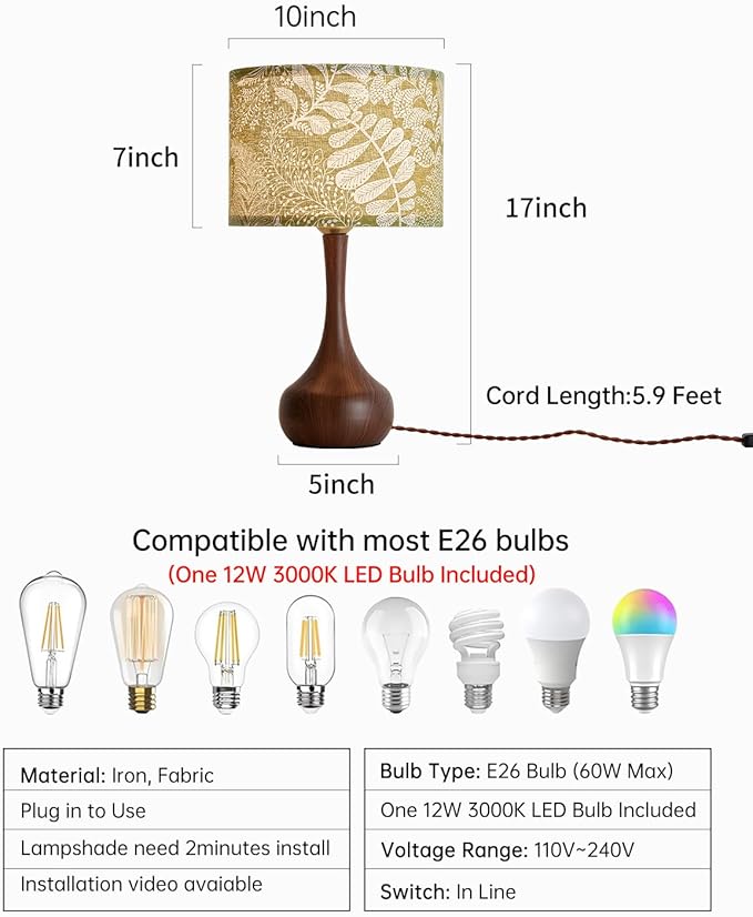 17" Modern Table Lamp Desk Lamp for Living Room Bedroom Home Office, Red Wood Pattern Farmhouse Nightstand Bedside Table Lamp with Green Fabric Shade