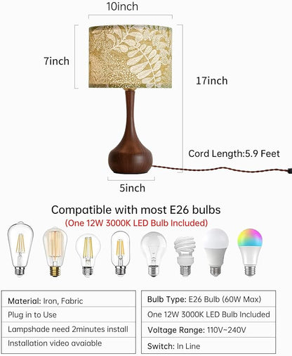 17" Modern Table Lamp Desk Lamp for Living Room Bedroom Home Office, Red Wood Pattern Farmhouse Nightstand Bedside Table Lamp with Green Fabric Shade
