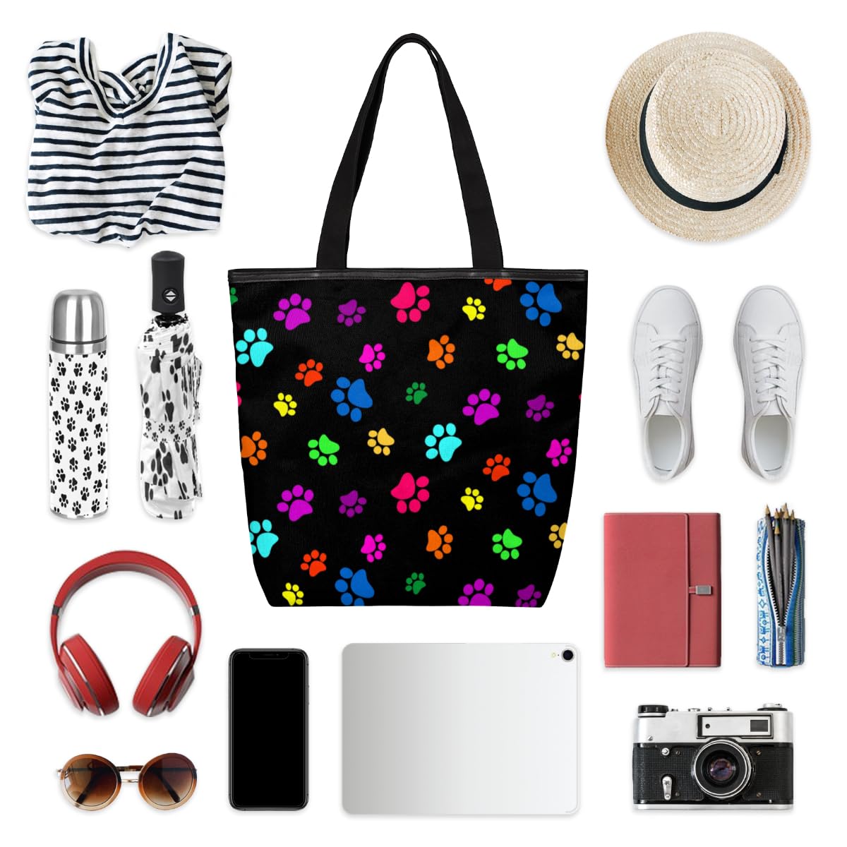 KOBLEN Dog Paw Print Canvas Tote Bag Reusable Grocery Shopping Bags for Women Beach Travel Storage Handbag with Zipper Portable Shoulder Bag