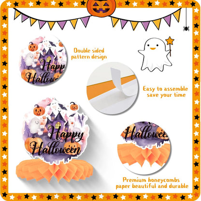 9 PCS Halloween Honeycomb Centerpieces for Table Decoration,Evil Pumpkin Skull Ghost Black Cat 3D Table Topper Sign Purple Orange for Happy Halloween Party Favor Bar Haunted House Decoration