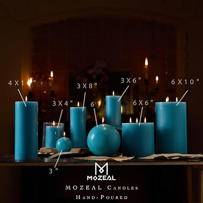 MOZEAL 3" x 4" Hand-Poured Unscented Candle,Dripless Pillar Candle Set of 3,Long Clean Burning,Approx 72 Hours Burn Time,Rustic Country Style,Wedding,Dinner,Christmas and Home Decor,Turquoise Teal