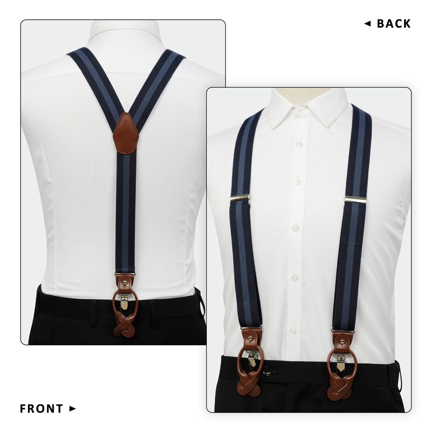 LEHOMU Men Suspenders Adjustable,1.4 Inch Wide Heavy Duty Y-Back Elastic Tuxedo Elastic Mens Suspenders with Leather Buttons and 3 Metal Clips,Black and Blue Stripe