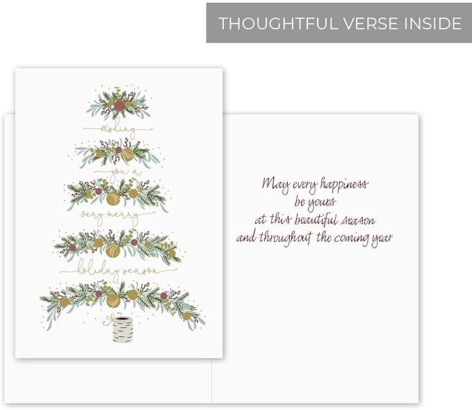 Between The Branches Gold Foil Holiday Cards / 16 Boxed Christmas Cards With Foil Lined Envelopes / 5 5/8" x 7 7/8" Folded Seasonal Winter Tree Greeting Cards With Inside Verse