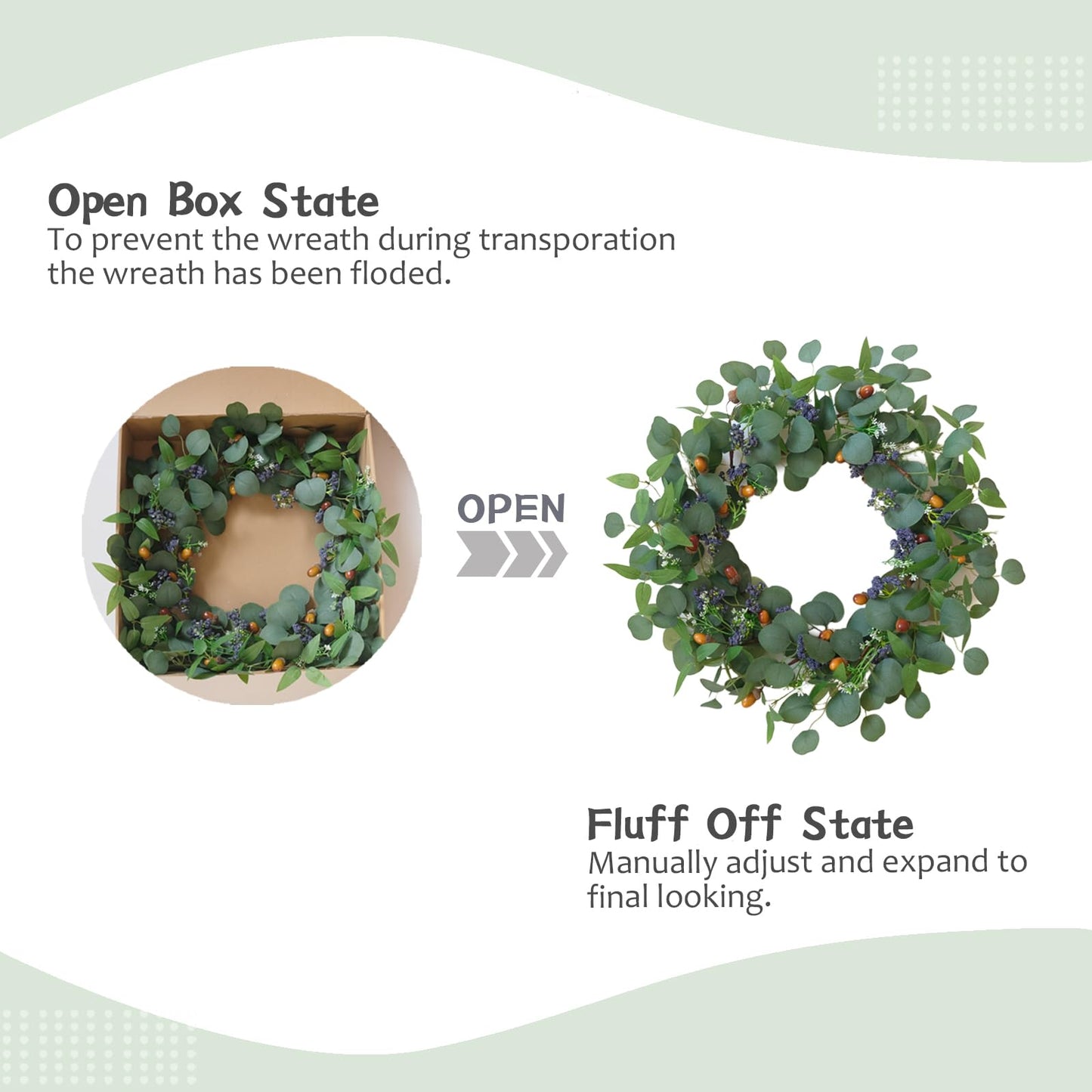 TEMPUS 22" Eucalyptus Wreath for Front Door - Pre-Fluffed Greenery Wreath with Olive Leaves & Hazelnuts, Farmhouse All-Season Door Decor