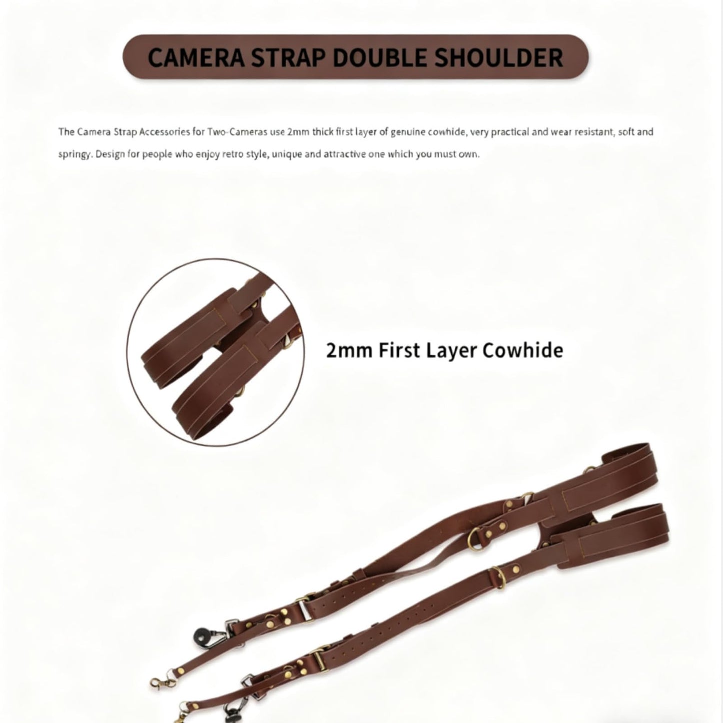 MEKOTRIN Dual Camera Harness & Leather Shoulder Strap Comfortable Carry for Two Cameras, Ideal for Hiking, Weddings and Travel, Adjustable 1/4" Standard Screw Compatibility (Shoulder Width: 13"-20")