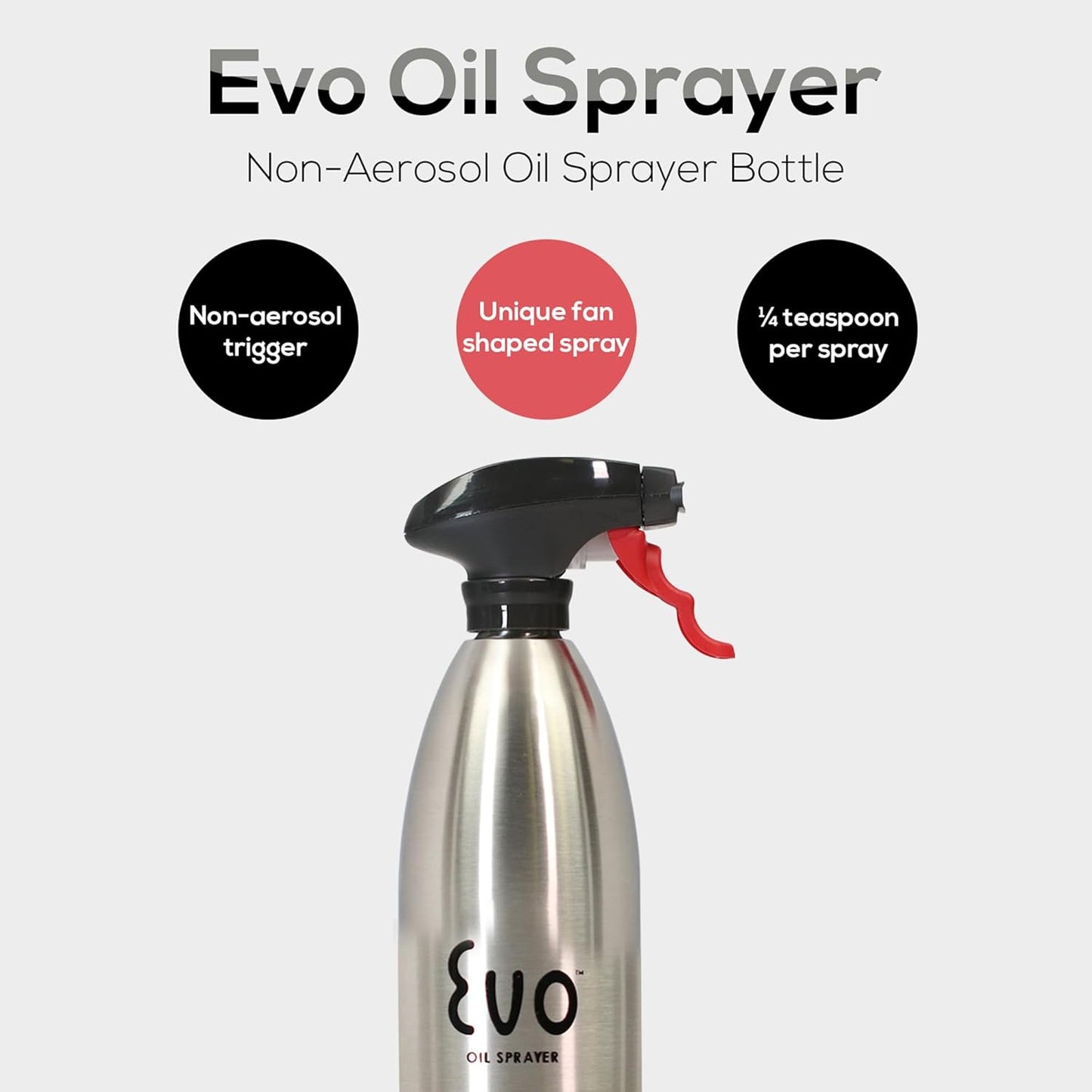 Evo Oil Sprayer 18/8 Stainless Steel, Non-Aerosol for Olive, Cooking Oils, and Vinegars, Silver, 16-Ounce Capacity