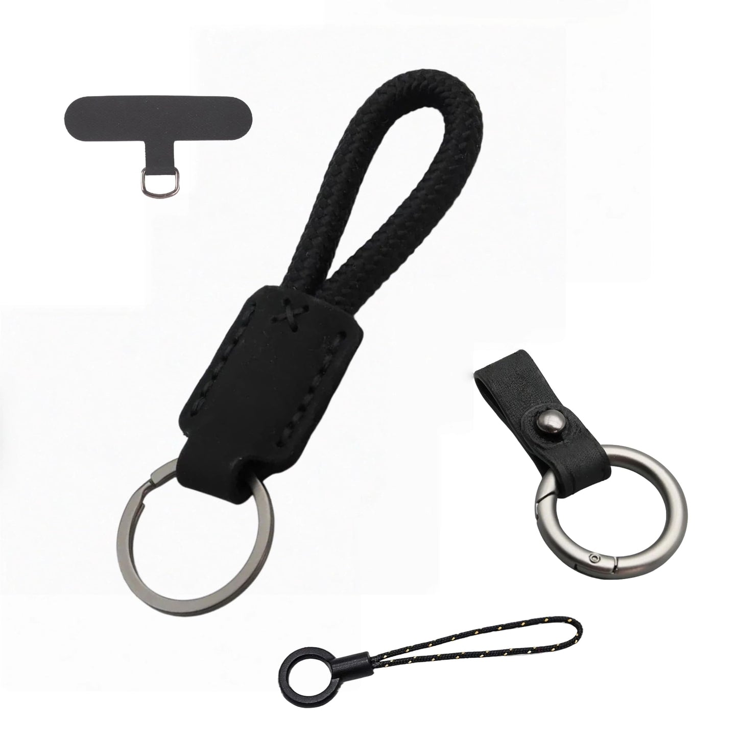 FQJOYL Leather Keychain for Car Keys - Genuine Cowhide Key Fob Holder with Braided Rope Loop, Anti-Scratch Belt & Gunmetal O-Ring, Silent Minimalist Key Chain for Women & Men, Gift for Her & Him