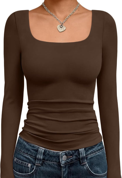 Trendy Queen Womens Long Sleeve Shirts Crop Tops Fall Fashion 2025 Square Neck Going Out Basics Tees Y2k Clothes