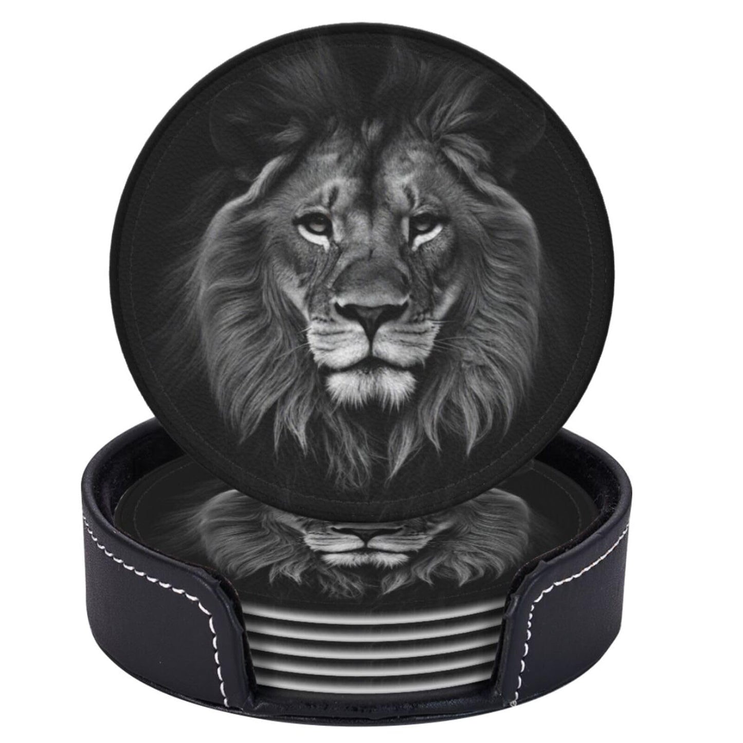 Famame 6 Pcs 3D Black Lion Leather Coasters for Drinks with Holder Coaster Sets Drink Table Cup Coasters for Living Room Kitchen Coffee Decor