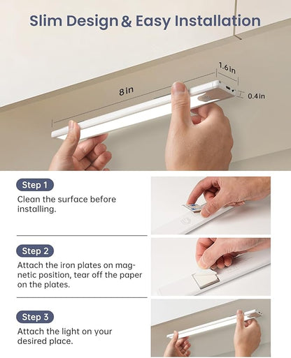 Pak 8 Inch Under Counter Cabinet Lighting, 41 LED Battery Operated Motion Sensor Light, Dimmable Closet Lights, USB Rechargeable, Wireless Magnetic Under Counter Light for Kitchen, Bathroom, 2 Packs