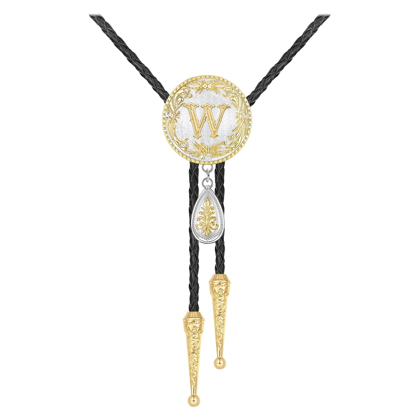 HUABOLA CALYN Western Bolo Tie for Men Gold Initial Letter A to Z Native American Bola Ties Rodeo Cowboy Leather Necktie Western Necklace Costume Accessories for Men,Women (W)