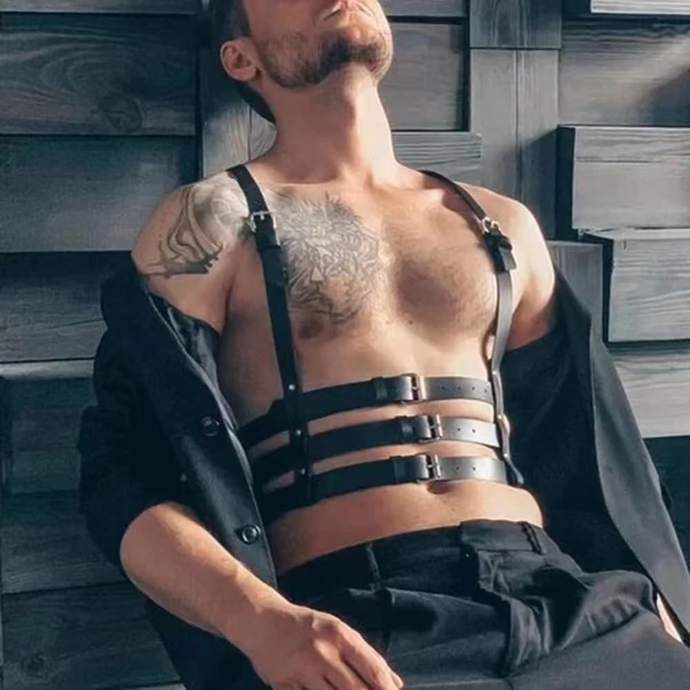 Fstrend Men's Mardi Gras Chest Harness, Faux Leather Shoulder Strap Belt, Black Fashion Rave Outfits Body Accessory