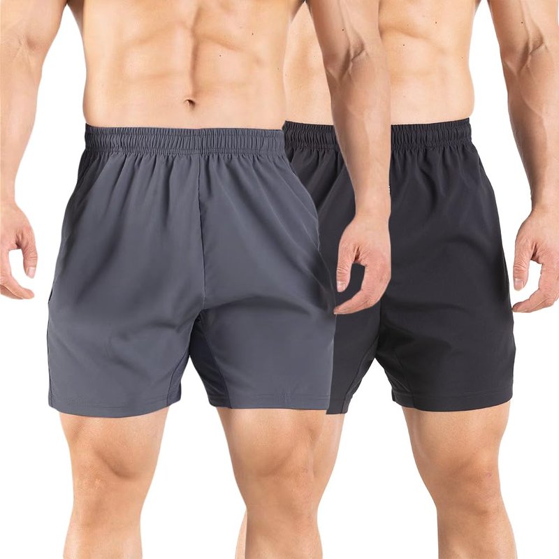 Gaglg Men's 5" Running Shorts 2 Pack Quick Dry Athletic Workout Gym Shorts with Zipper Pockets Black/Dark Grey,Large