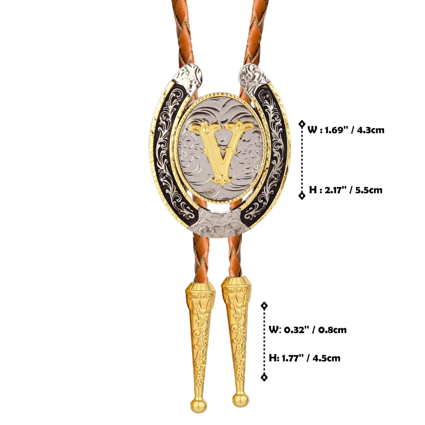 HLYMPONY Bolo tie for Men Western Cowboy Brown Leather Necktie Gold Initial Letter ABCDJMR to Z Bolo ties for Women (V)
