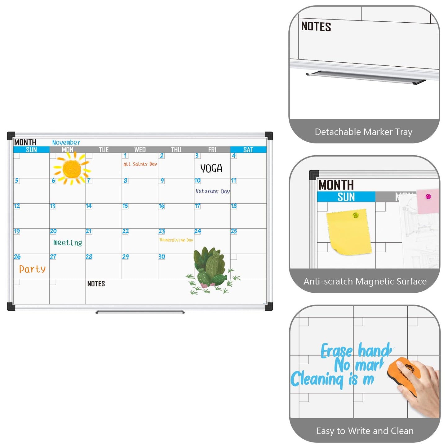 XBoard Magnetic Calendar Whiteboard 36" x 24" - Monthly Calendar Dry Erase Board, Reusable Colorful Calendar Board, Silver Aluminium Framed Monthly Planning Board
