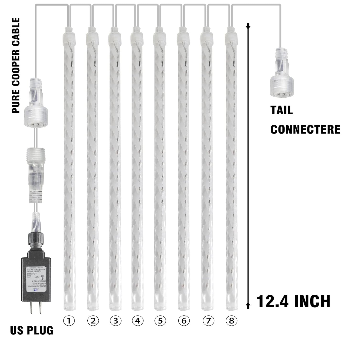 Dazzle Bright Christmas Lights Outdoor, 288LED Meteor Shower Rain Lights 12 Inch 8 Tubes, Waterproof Plug in Falling Icicle Light Christmas Decorations for Xmas Tree Yard House Decor (White)