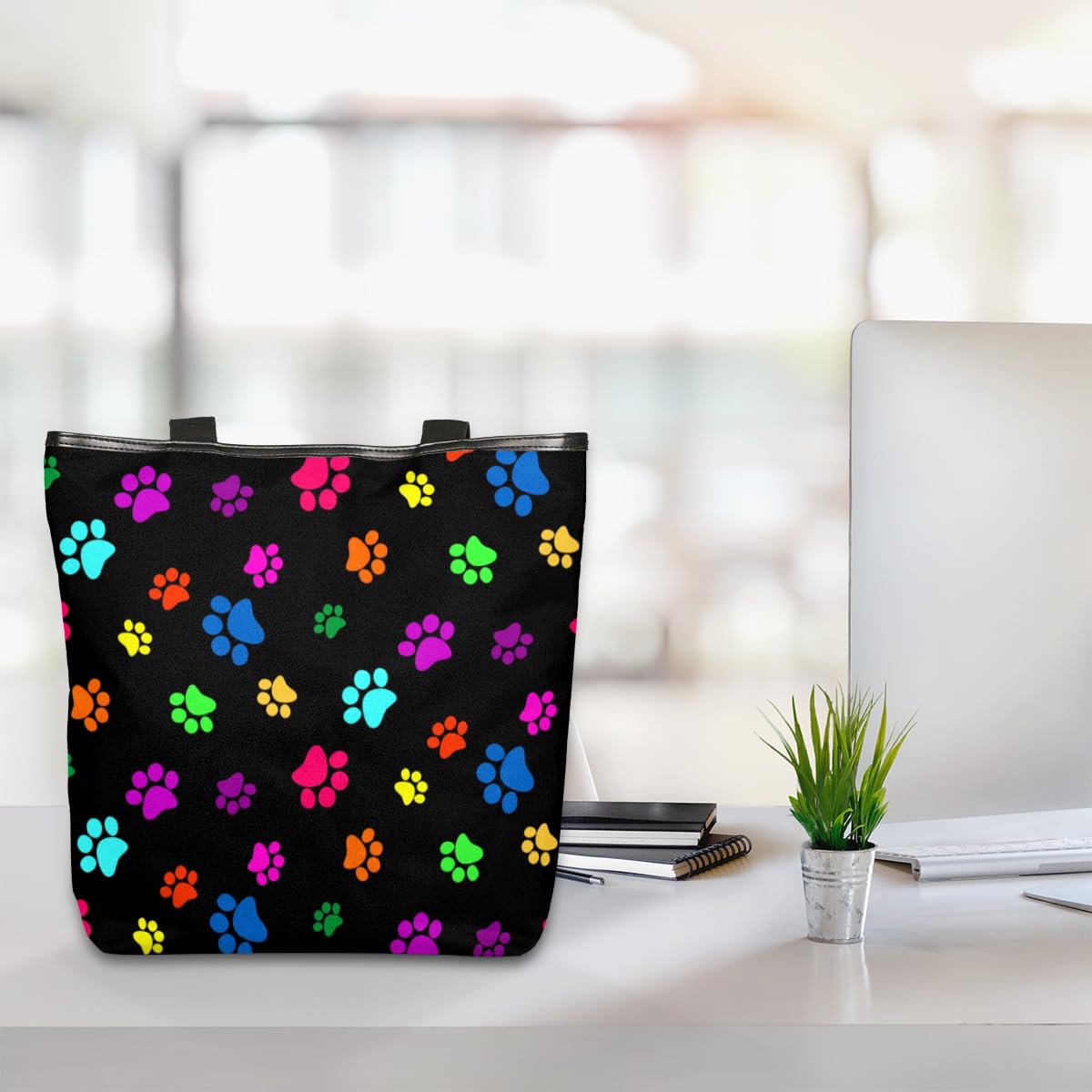 KOBLEN Dog Paw Print Canvas Tote Bag Reusable Grocery Shopping Bags for Women Beach Travel Storage Handbag with Zipper Portable Shoulder Bag