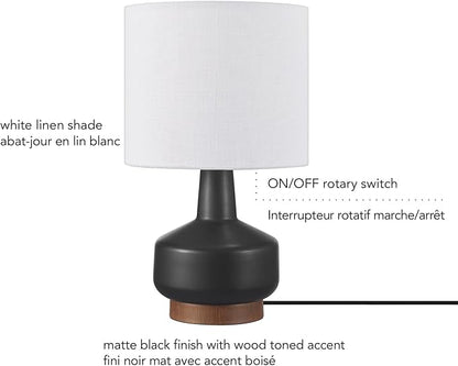 GLOBE Electric 61000046 15" Ceramic Table Lamp, Matte Black, Wood Toned Base, White Linen Shade, Dual Rotary Switch on Socket, Modern Lighting for Bedroom or Office, Home Décor, Lights for Nightstand