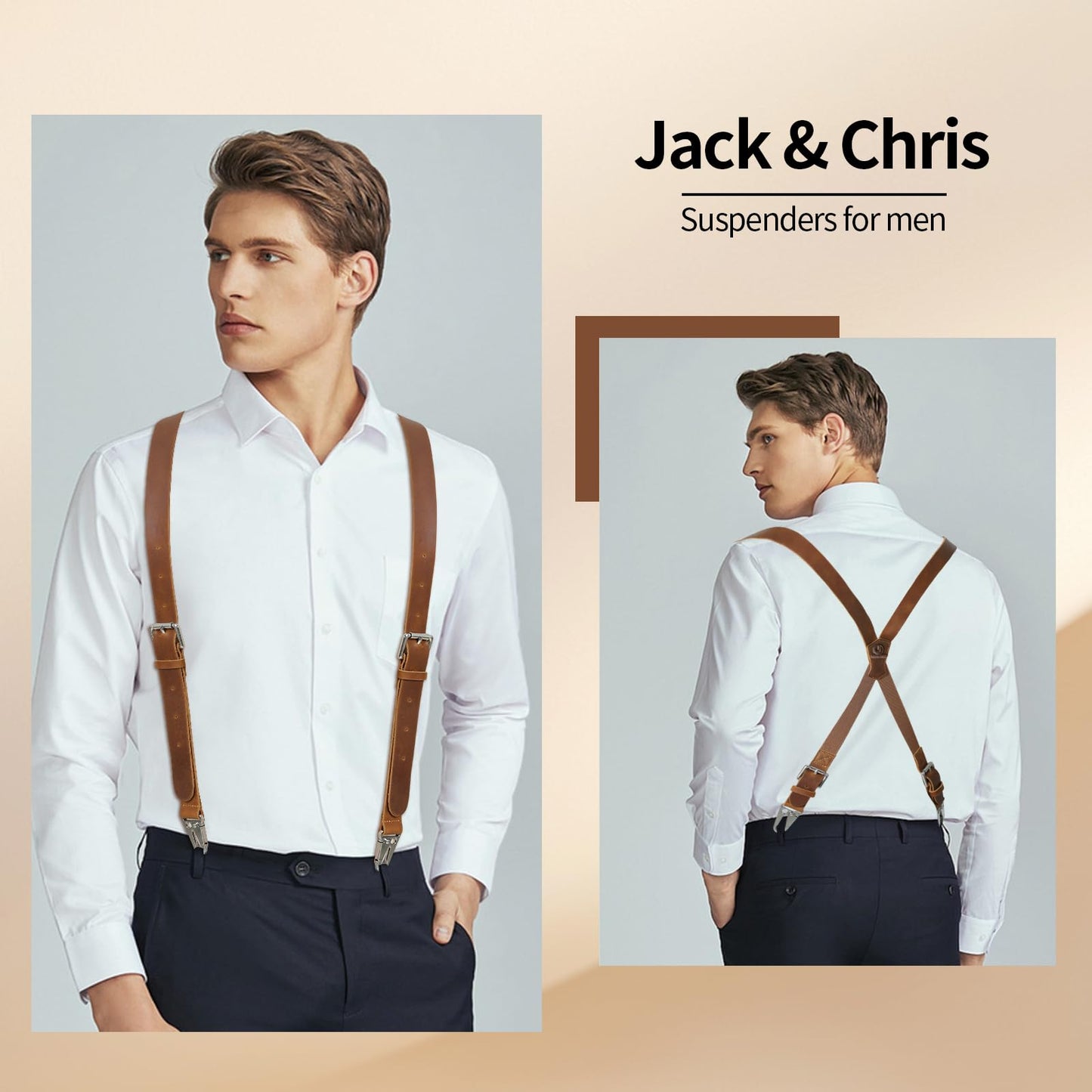 Jack&Chris Genuine Leather X-Shaped Suspenders for Men, Adjustable Heavy Duty Solid 1 Inch Wide Suspenders with Sturdy Clips, Men Accessories For Jeans, Brown