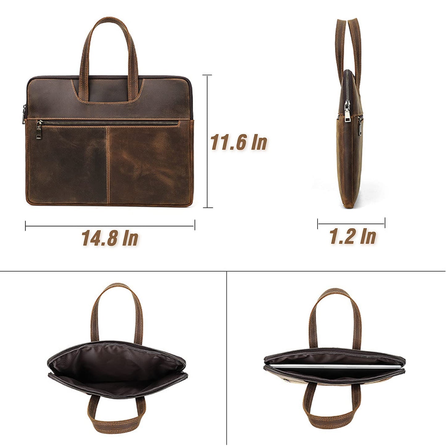 CataPurus Top Grain Leather 15.4" Slim Laptop Briefcase Handbag, Vintage Design with 5 Pockets, Handmade, Compatible with MacBook Pro/Air 13.3"/14.2"/15.4"/16" & other Laptop/Tablet, Coffee 15.4 Inch