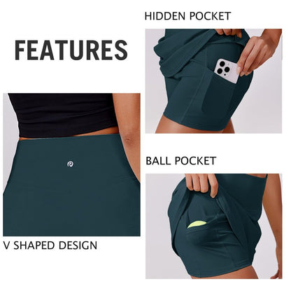 PINSPARK Women Tennis Skirts High Waisted Athletic Skorts Quick Dry Golf Skirt Lightweight Workout Skort with Pockets Shorts, Moss Teal XL
