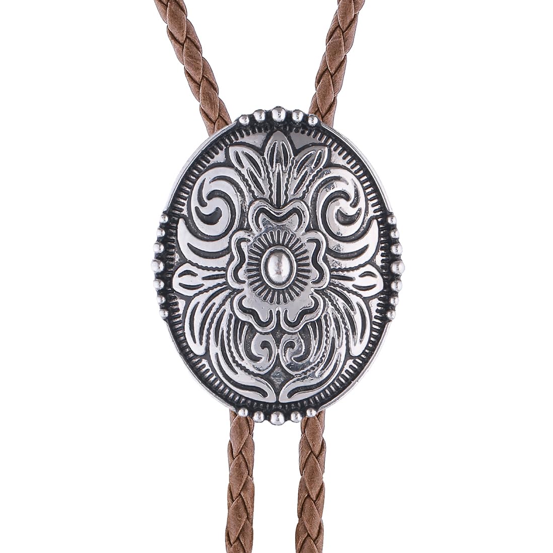 Jeilwiy Bolo Tie for Men Vintage Silver Floral Cowboy Mens Bolo Ties Western Brown Leather Cowboy Tie Adjustable