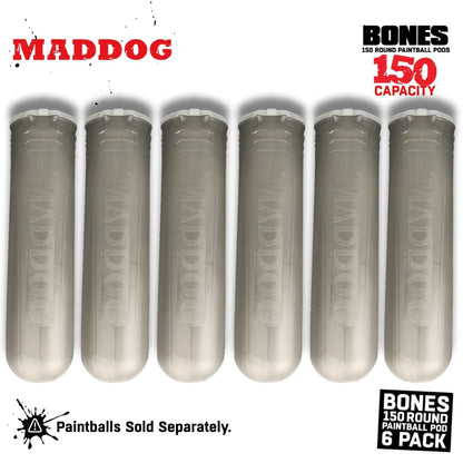 Maddog 150 Round Bones Paintball Pods | Durable Quick Reload Tubes for Tournament and Recreational Speedball Woodsball | 6 Pack - Smoke
