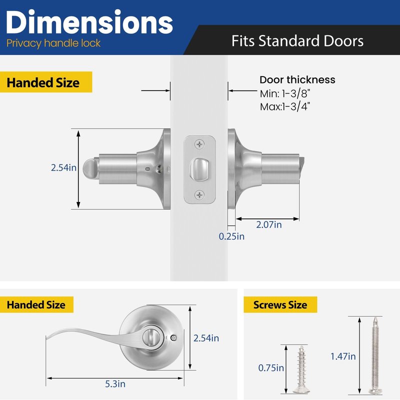 RAFECIEE Privacy Door Lever & Handle – Keyless Lock for Bathroom & Bedroom – Satin Nickel Wave Style Interior Door Knob – Reversible for Left/Right Handed