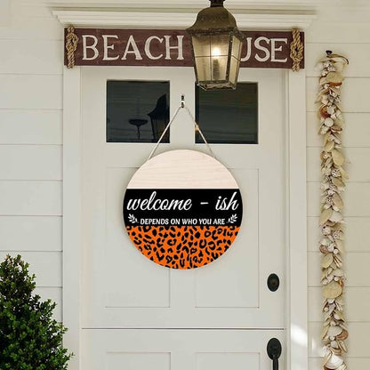 Welcome Sign for Front Door Decor Wreath Orange Leopard Print 12inch Decor Wood Hanging Door Sign for Home Outdoor Indoor