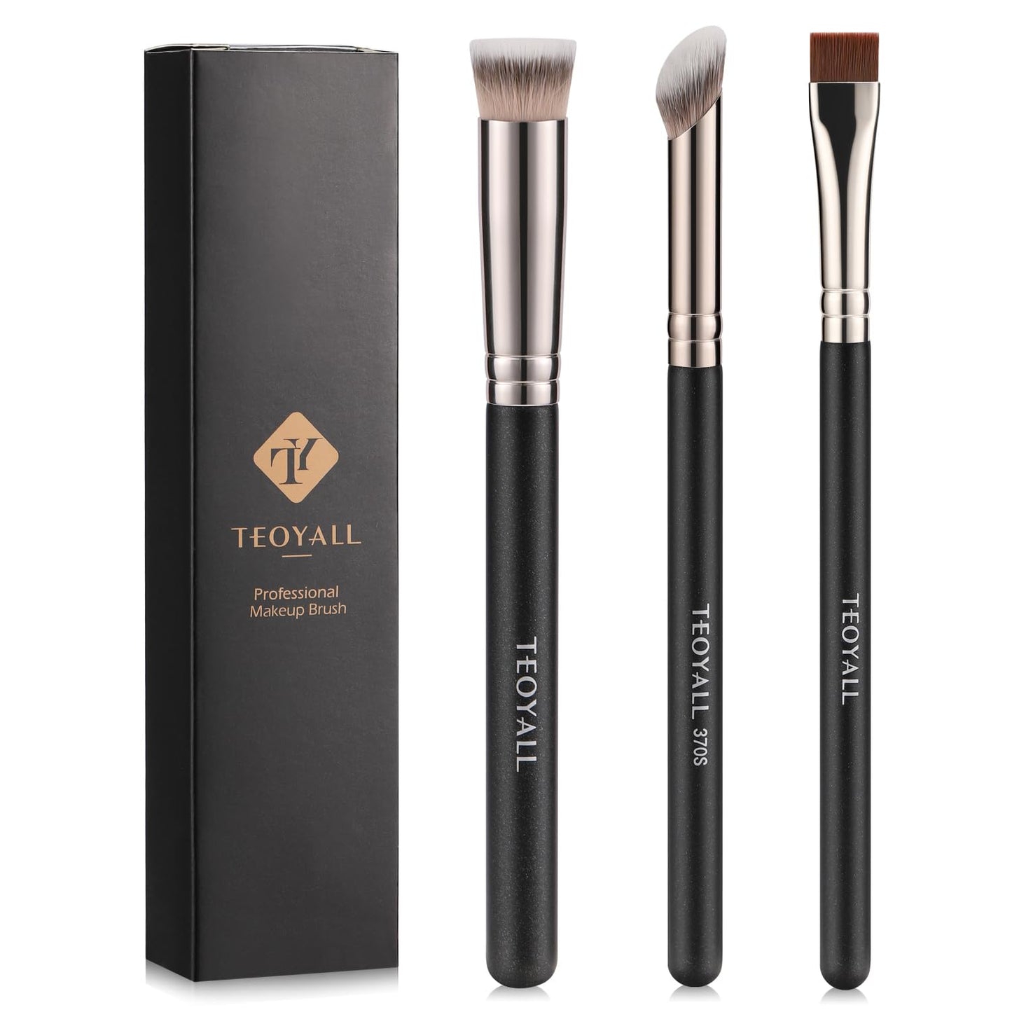 TEOYALL Foundation Contour Conceal Brush Set, 3PCS Angled Synthetic Kabuki Brush for Blending Setting Buffing with Liquid, Cream and Powder Cosmetic (170S/270S/370S)