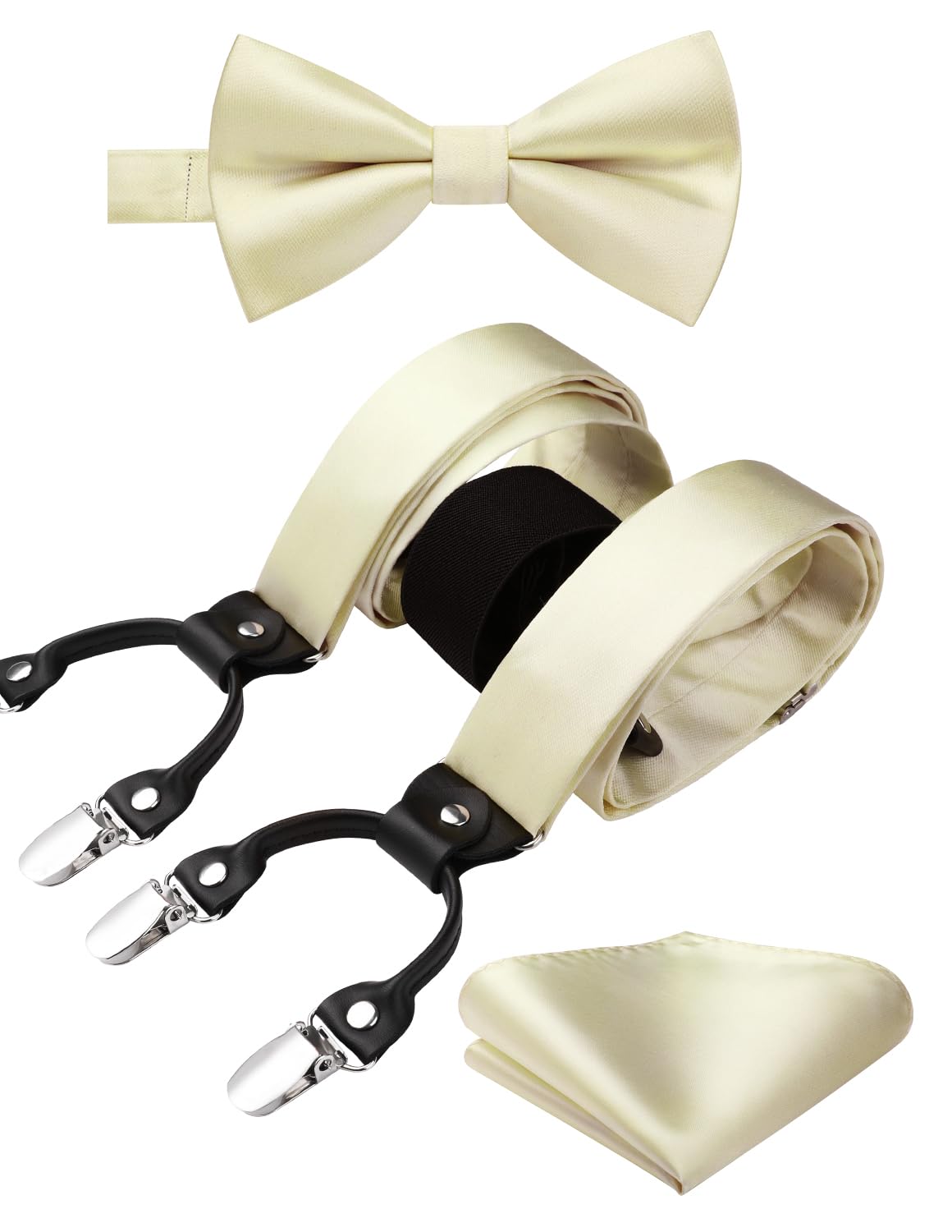 HISDERN Champagne Bow Tie & Suspenders for Men Light Gold Suspender Bowties Pocket Square Set Adjustable Y Shape 6 Strong Clips Braces Formal Wedding