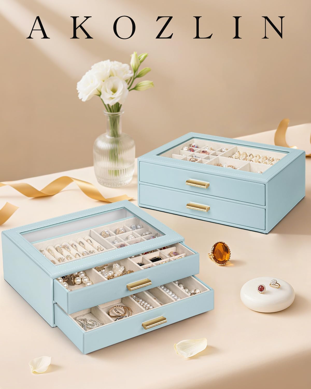 AKOZLIN Jewelry Box with Clear Lid Functional Leather Jewelry Storage Organizer Case 3 Drawers for Women Girls Necklace Ring Bracelet Earring