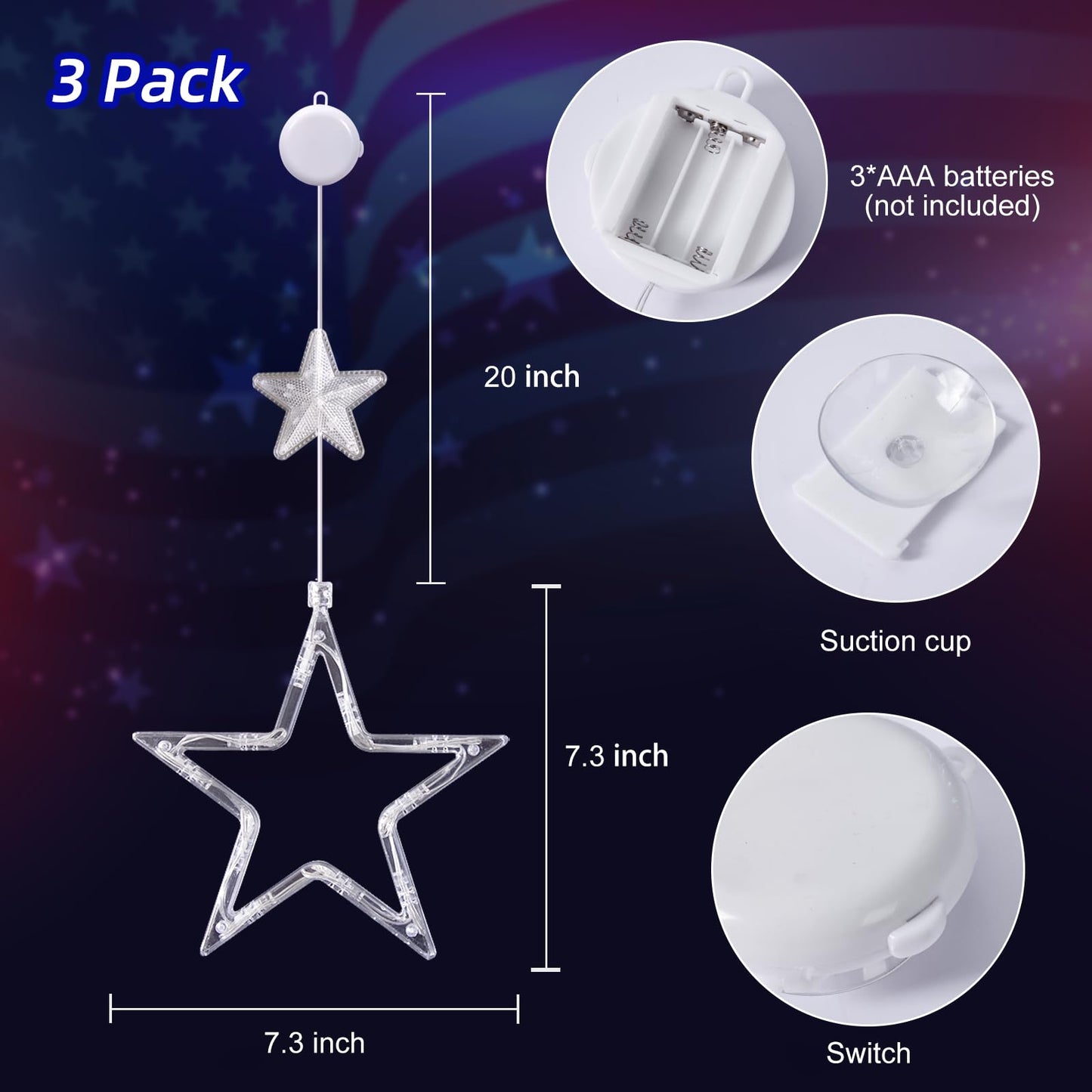 LYUBASA 4th of July String Lights Decorations, 3 Pack, Battery Operated, Red White and Blue, Indoor Window Star Lights, Patriotic Independence Day Decor