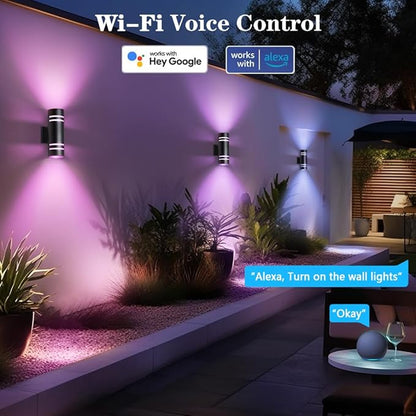 KIZON Smart Outdoor Wall Light, Modern RGBCW Sconce Color Changing, Dimmable Up and Down Lights Black Outdoor Light Fixture App Control with Remote Compatible with Alexa Google Assistant, ETL Listed