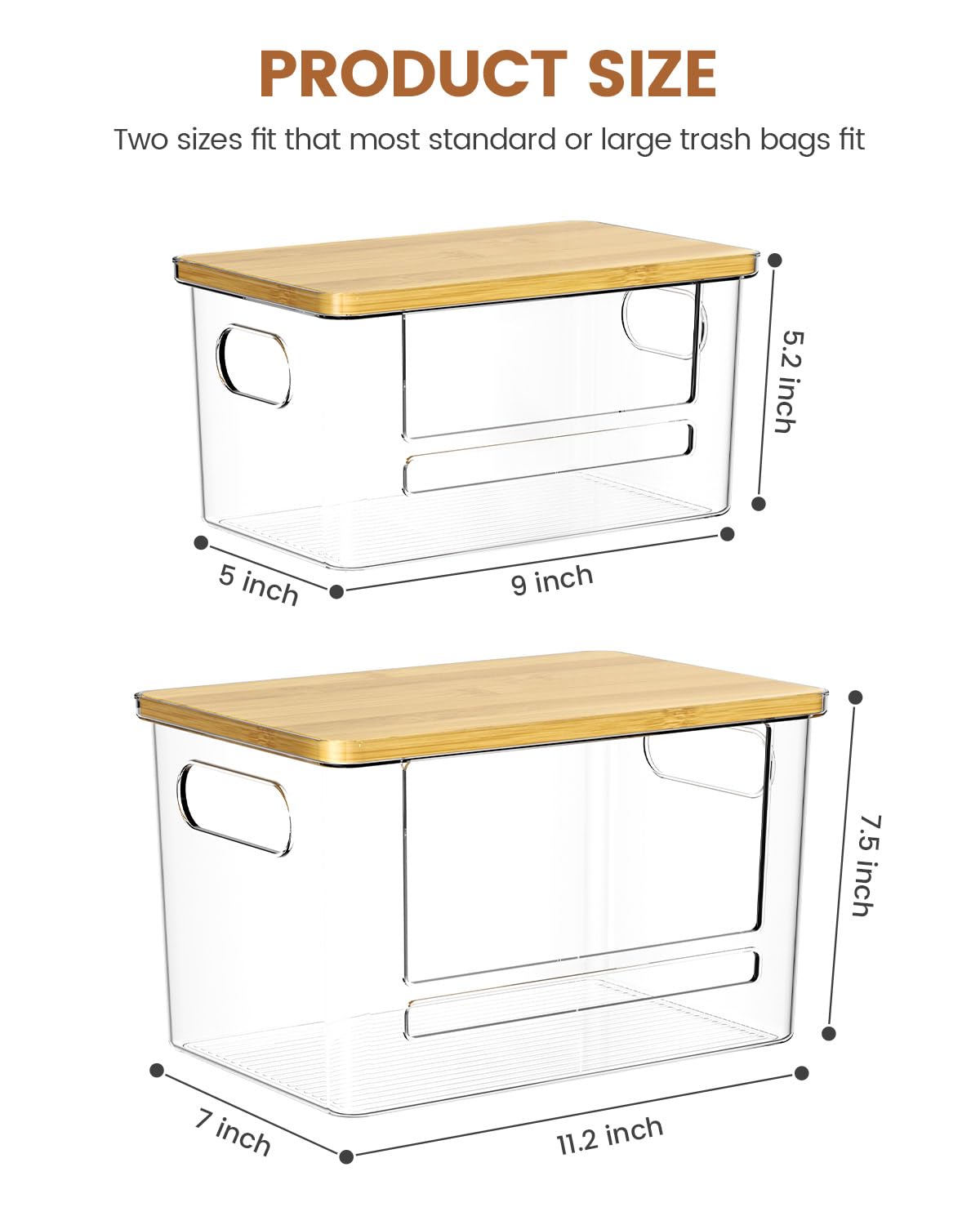 Trash Bag Dispenser 2 Pack, Acrylic Garbage Bags Dispenser with Bamboo Top, Extra Large Trash Bag Holder Dispensers Under Sink for Kitchen, Cabinet, Laundry Room, Pantry Organizer and Storage